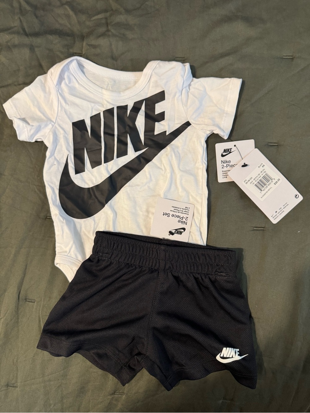 Nike White Bodysuit with Black Logo & Black Athletic Shorts